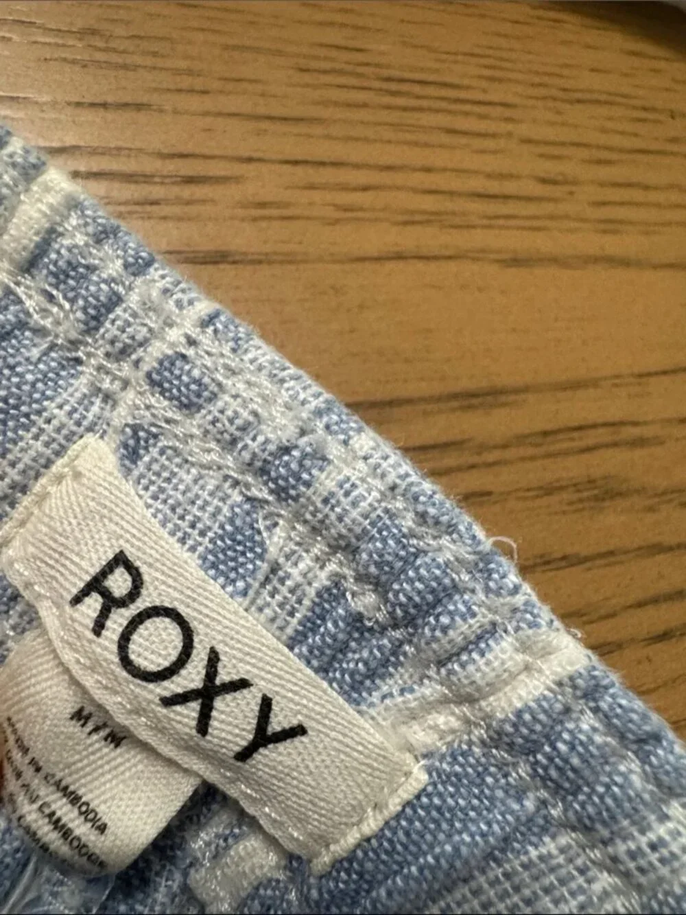 Roxy Linen Blend Striped Wide Leg Drawstring Pants Blue White M Boho Coastal - Picture 4 of 6